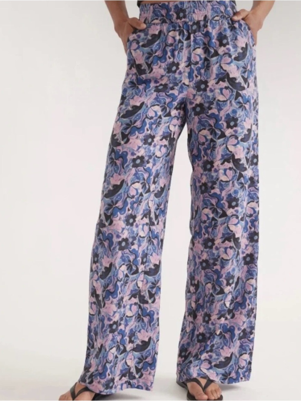 Marine Layer Allison Trouser Wide Leg Pants Floral Blue Pink Elastic Waist XS‎